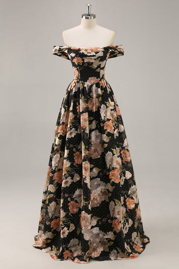 Sparkly Black Floral Ruched Long Bridesmaid Dress with Beading